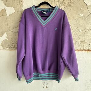 Vintage Preppy Sweatshirt Purple Teal Mens L Fleece Pullover Retro Sport Dadcore